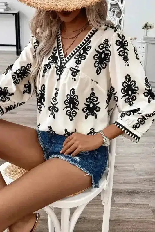 Geometric Glamour Quarter-Sleeve Top