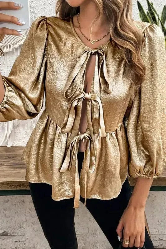 Elegant Gold Bow Tie Puff Sleeve Ruffle Blouse