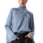 Ivy Asymmetric Blouse - Pleated Turtleneck Bell Sleeve