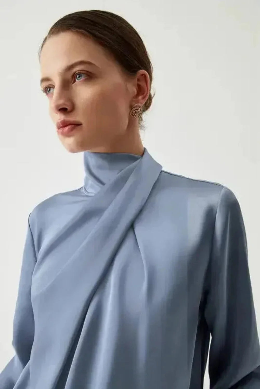 Ivy Asymmetric Blouse - Pleated Turtleneck Bell Sleeve