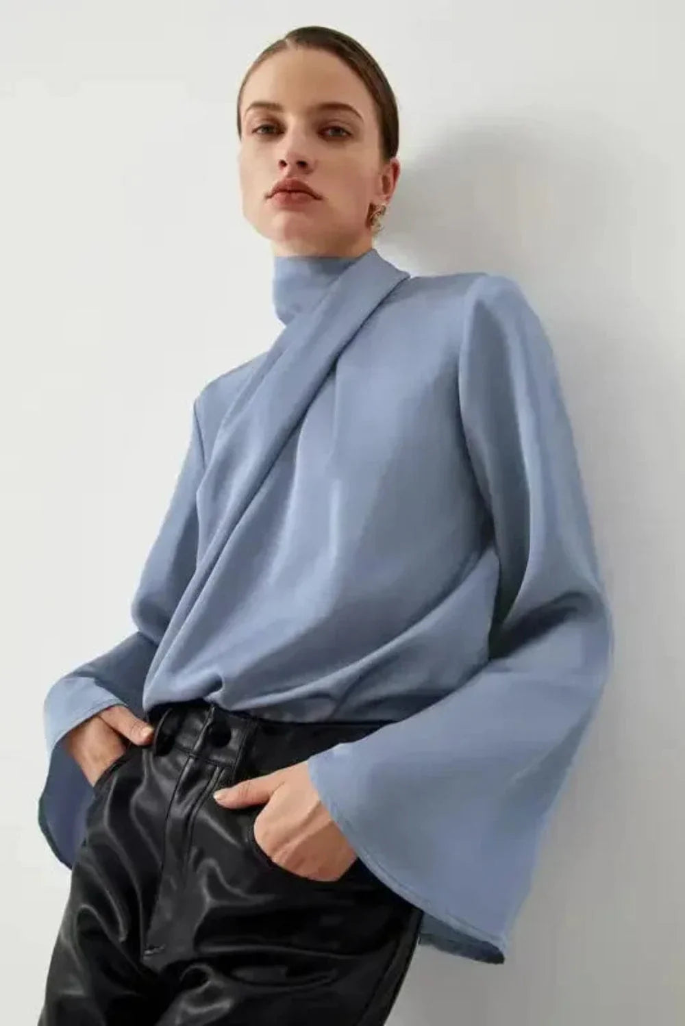 Ivy Asymmetric Blouse - Pleated Turtleneck Bell Sleeve