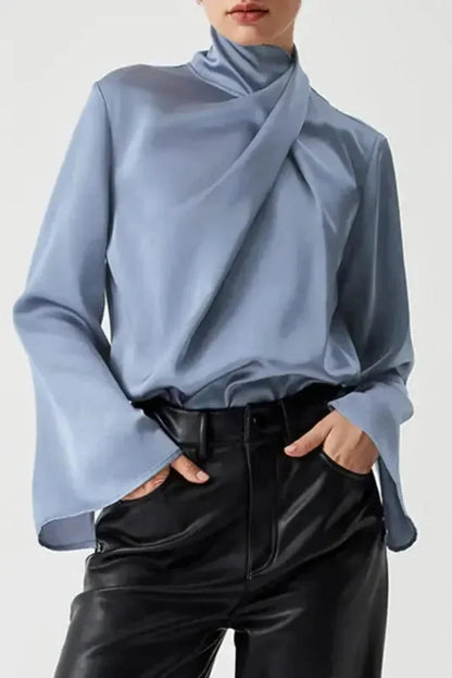Ivy Asymmetric Blouse - Pleated Turtleneck Bell Sleeve