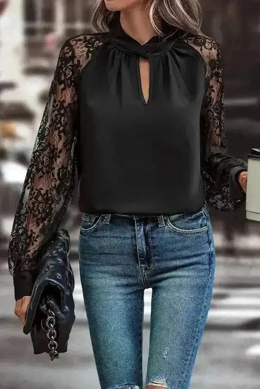 Lace Sleeves Blouse - Black