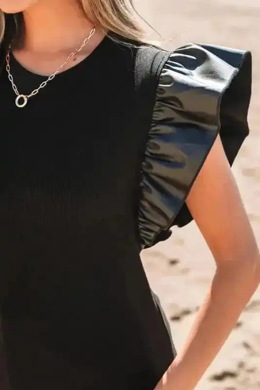Leather Ruffle Sleeve Blouse