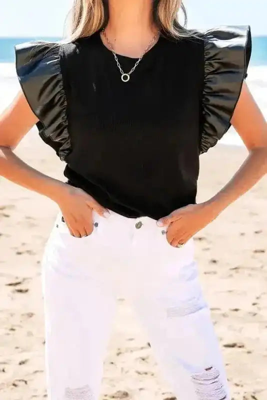 Leather Ruffle Sleeve Blouse