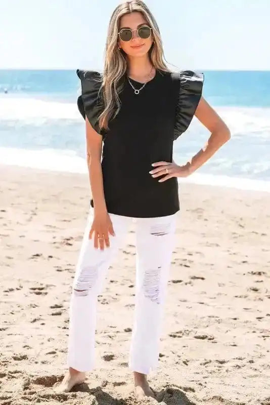 Leather Ruffle Sleeve Blouse