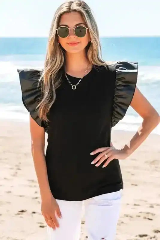 Leather Ruffle Sleeve Blouse