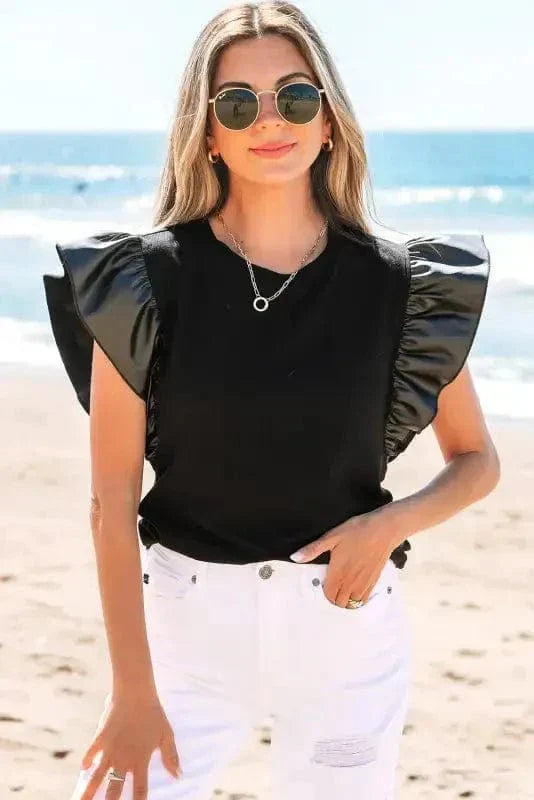 Leather Ruffle Sleeve Blouse