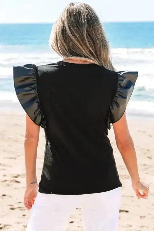 Leather Ruffle Sleeve Blouse