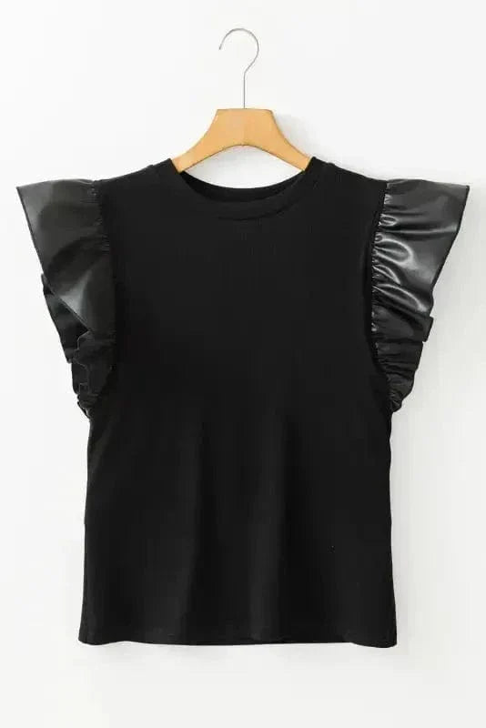 Leather Ruffle Sleeve Blouse