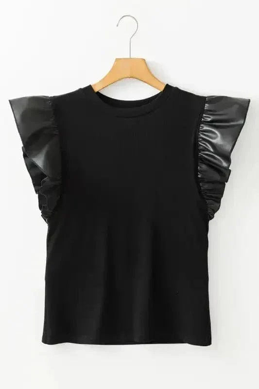 Leather Ruffle Sleeve Blouse