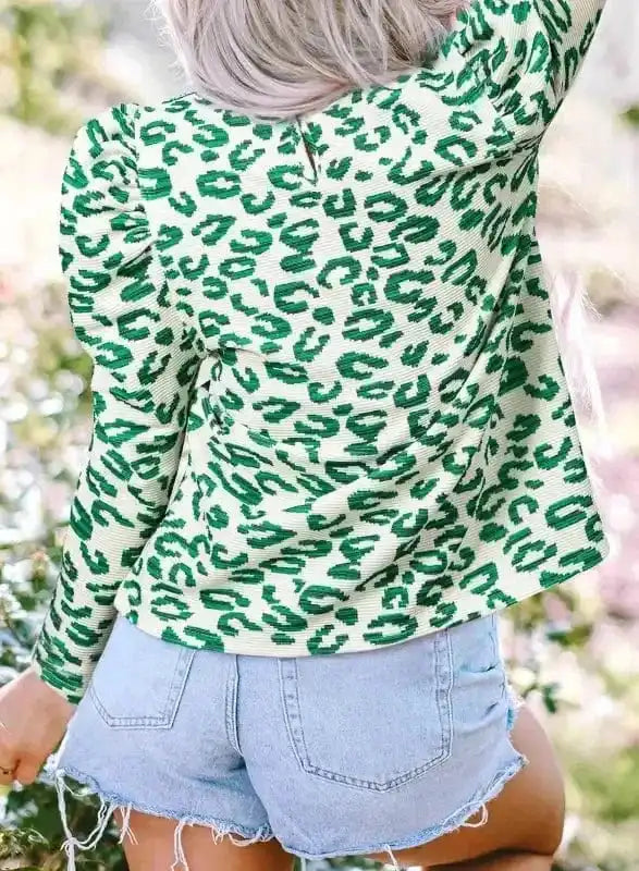 Leopard Print Mock Neck Puff Sleeve Top