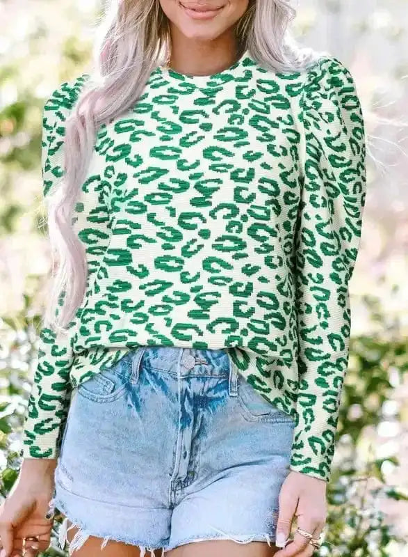 Leopard Print Mock Neck Puff Sleeve Top