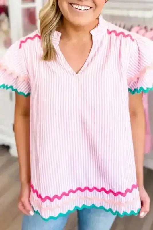 Sky Blue Stripe Ruffled Sleeve Blouse