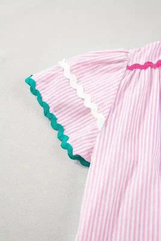 Sky Blue Stripe Ruffled Sleeve Blouse