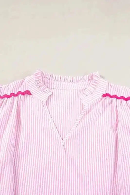 Sky Blue Stripe Ruffled Sleeve Blouse