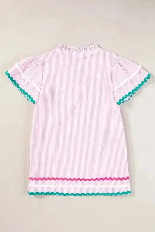 Sky Blue Stripe Ruffled Sleeve Blouse