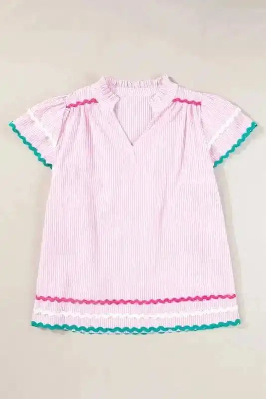 Sky Blue Stripe Ruffled Sleeve Blouse