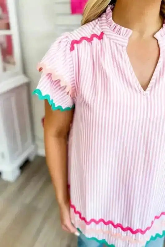 Sky Blue Stripe Ruffled Sleeve Blouse