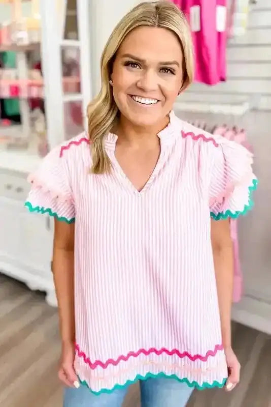 Sky Blue Stripe Ruffled Sleeve Blouse
