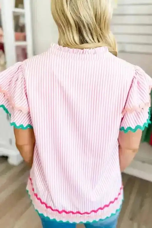 Sky Blue Stripe Ruffled Sleeve Blouse