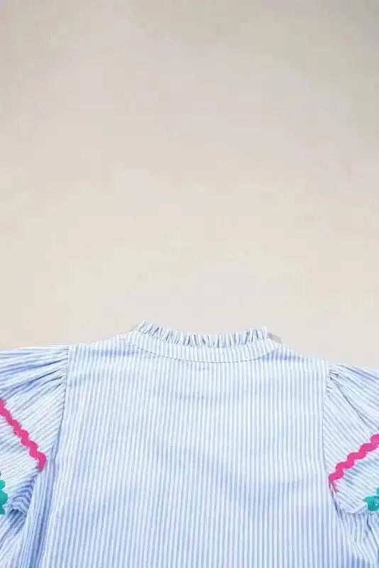 Sky Blue Stripe Ruffled Sleeve Blouse