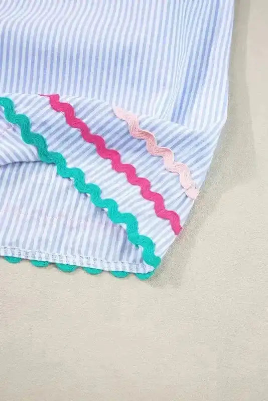 Sky Blue Stripe Ruffled Sleeve Blouse