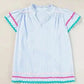 Sky Blue Stripe Ruffled Sleeve Blouse