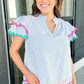 Sky Blue Stripe Ruffled Sleeve Blouse