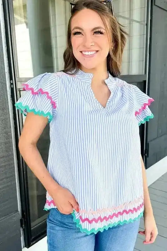 Sky Blue Stripe Ruffled Sleeve Blouse