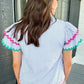 Sky Blue Stripe Ruffled Sleeve Blouse