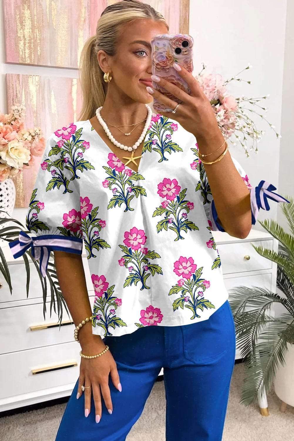 White Floral Summer Blouse