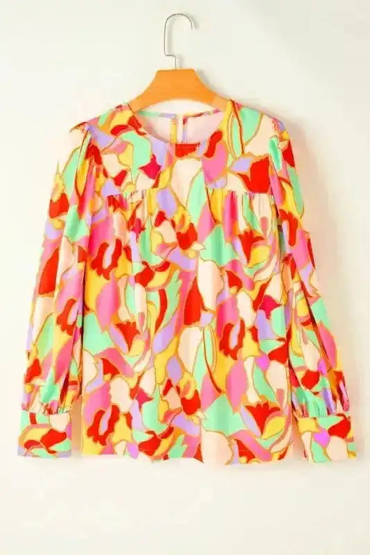Yellow Abstract Puff Sleeve Blouse