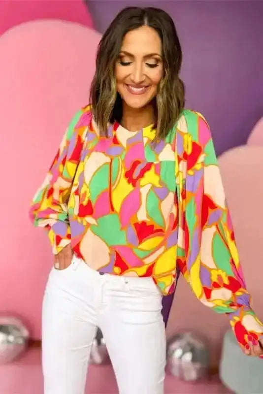 Yellow Abstract Puff Sleeve Blouse
