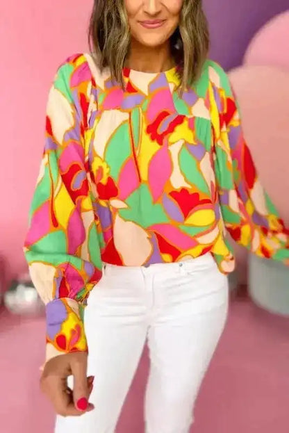 Yellow Abstract Puff Sleeve Blouse
