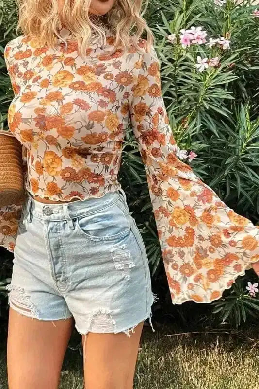 Flora Charm Bell Sleeve Crop Top