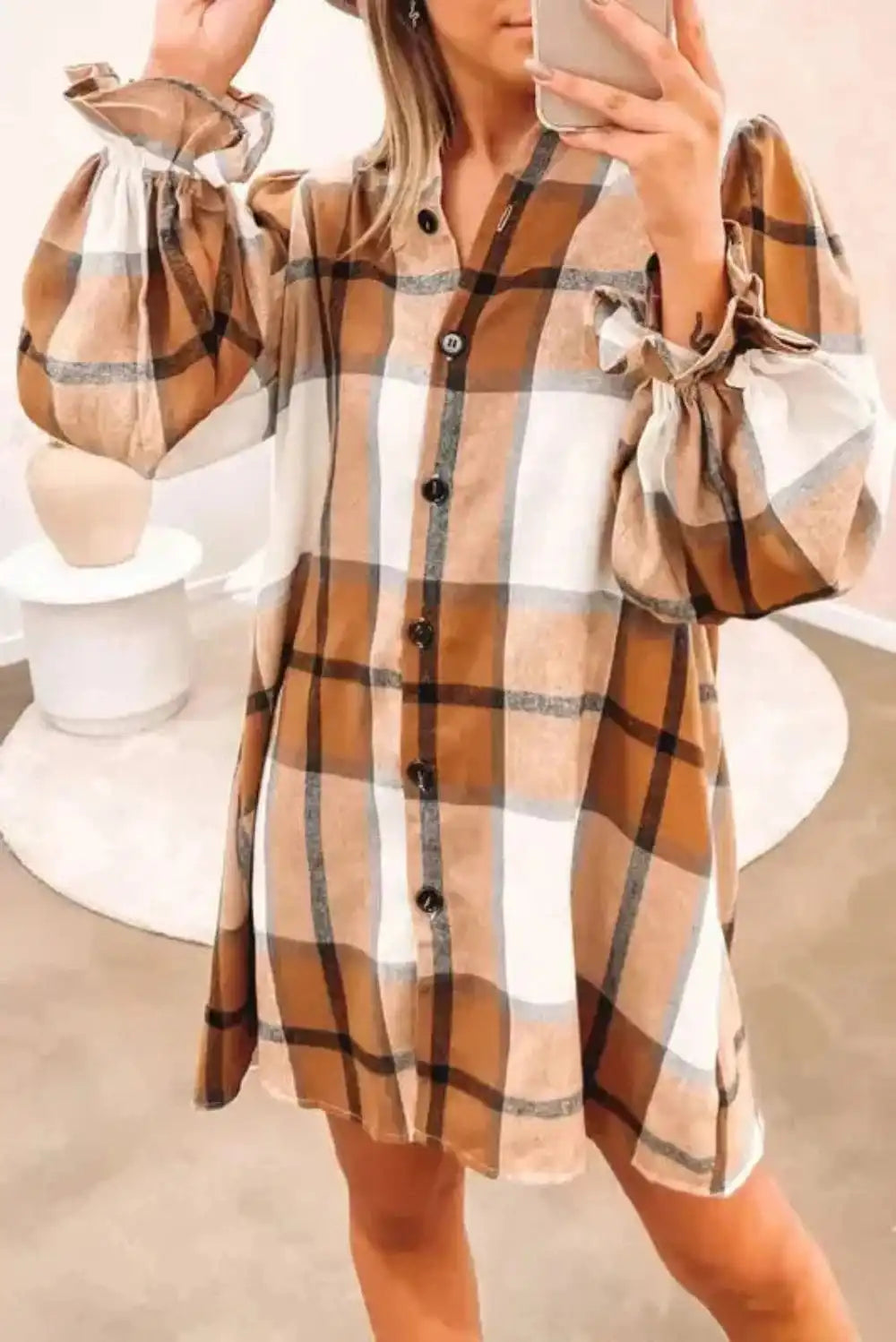 Khaki Plaid Ruffled Sleeve Shirt Dress