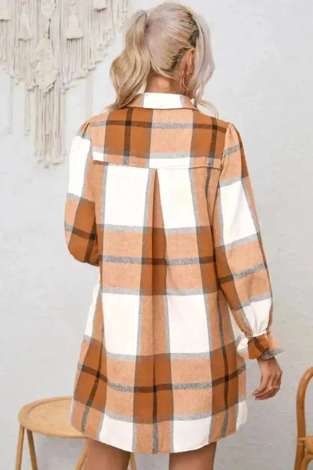 Khaki Plaid Ruffled Sleeve Shirt Dress