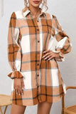 Khaki Plaid Ruffled Sleeve Shirt Dress