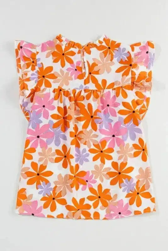 Orange Smocked Floral Top – Ruffled Short Sleeves