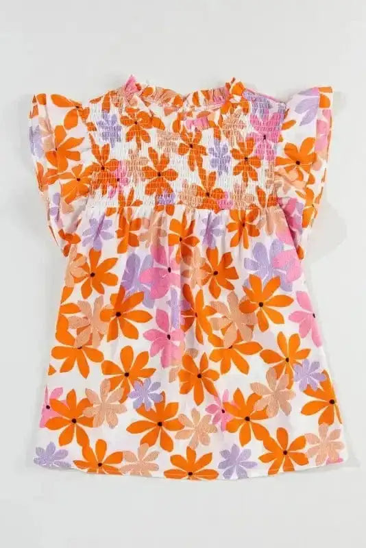Orange Smocked Floral Top – Ruffled Short Sleeves