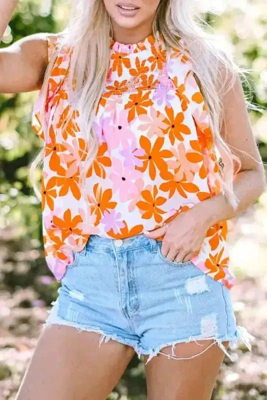 Orange Smocked Floral Top – Ruffled Short Sleeves