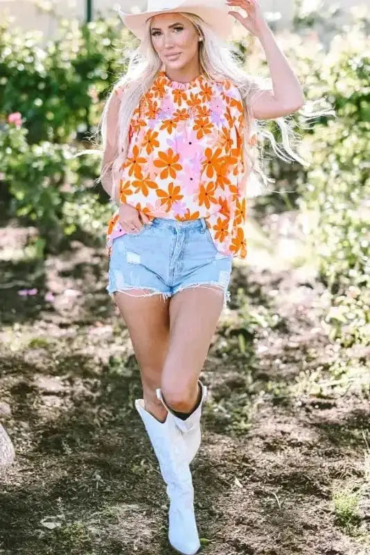 Orange Smocked Floral Top – Ruffled Short Sleeves