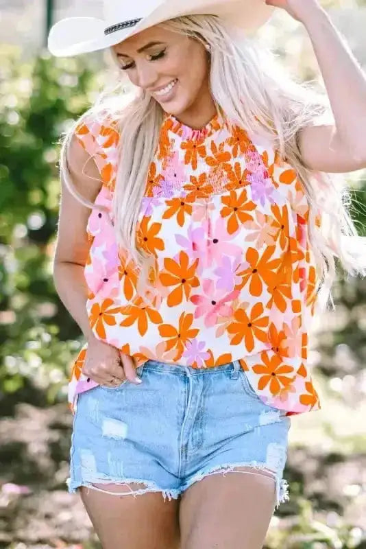 Orange Smocked Floral Top – Ruffled Short Sleeves