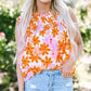 Orange Smocked Floral Top – Ruffled Short Sleeves