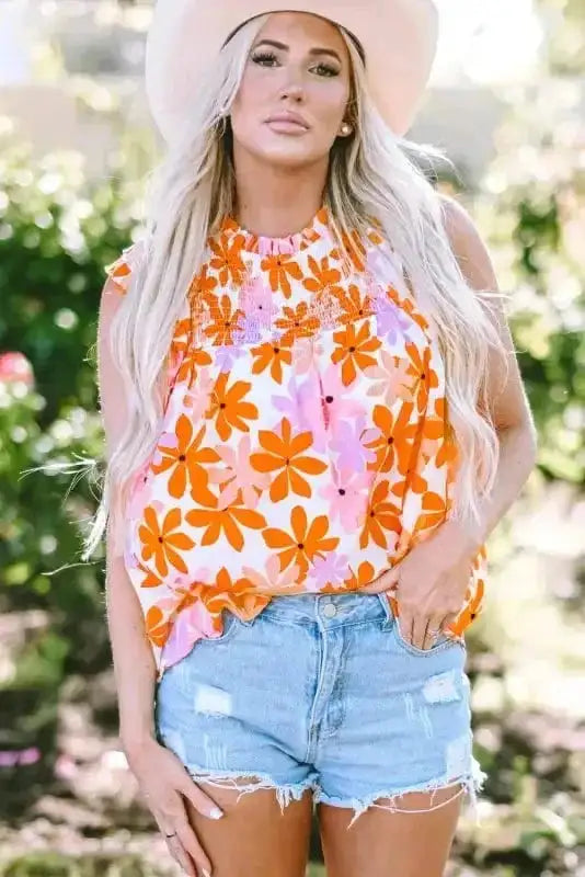 Orange Smocked Floral Top – Ruffled Short Sleeves