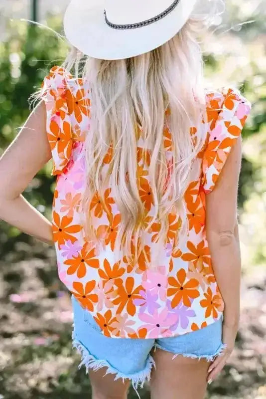 Orange Smocked Floral Top – Ruffled Short Sleeves