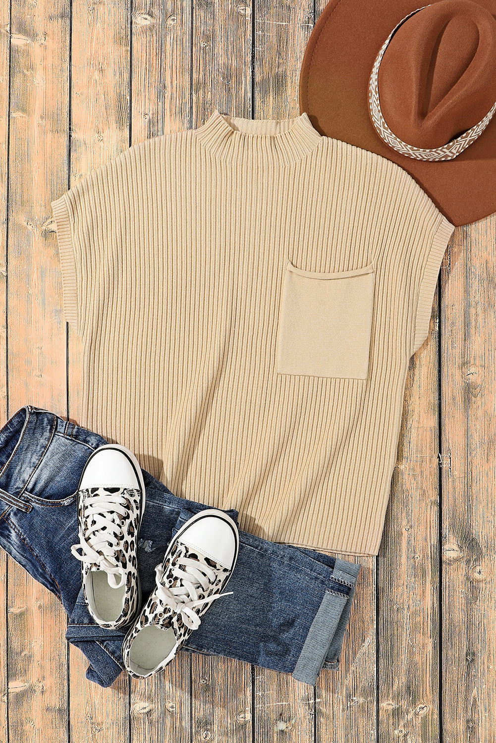 Cozy Oatmeal Sweater Dress - Ribbed Knit with Pockets