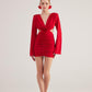 Hanna Red Backless Long Sleeve Mini Dress with Removable Rose Accessory