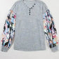 Floral-Sleeves Buttoned V-Neck Top - Gray